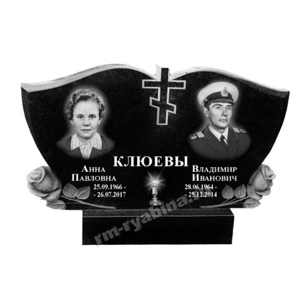 Двойной памятник с резными розами и крестом из гранита KP-20479